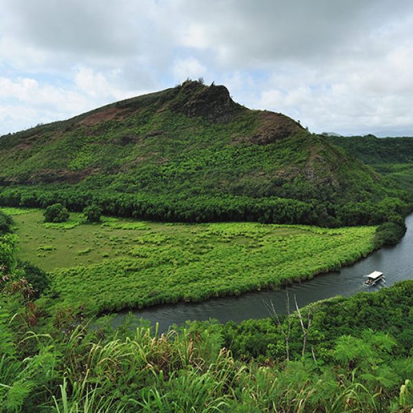 a river with a lush green hillside