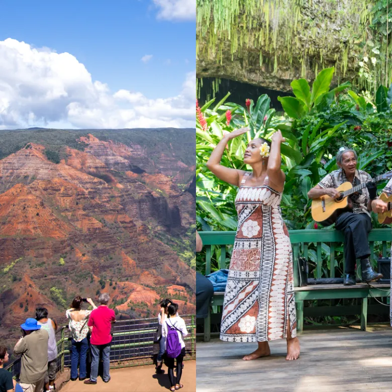 a group of people standing in front of a mountain