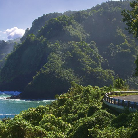 a small boat in a body of water with a mountain in the background