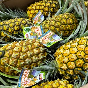 a group of people sitting at a fruit stand