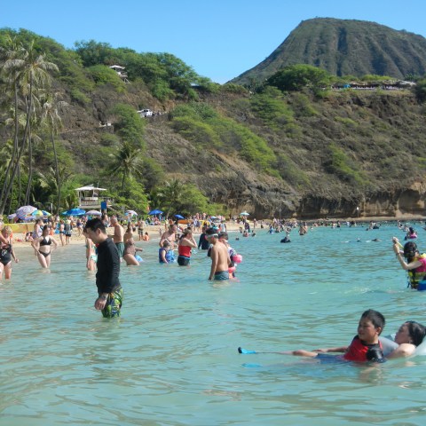 Crowded beach with people swimming and mountain in background.
